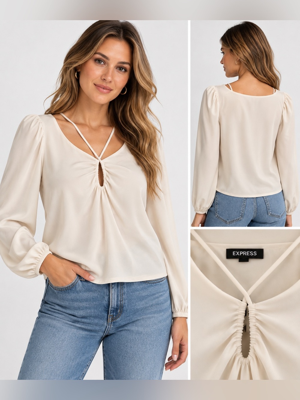 Express Women’s M Ivory Ruched Keyhole Blouse Strappy V Neck Puff Sleeve NWT.